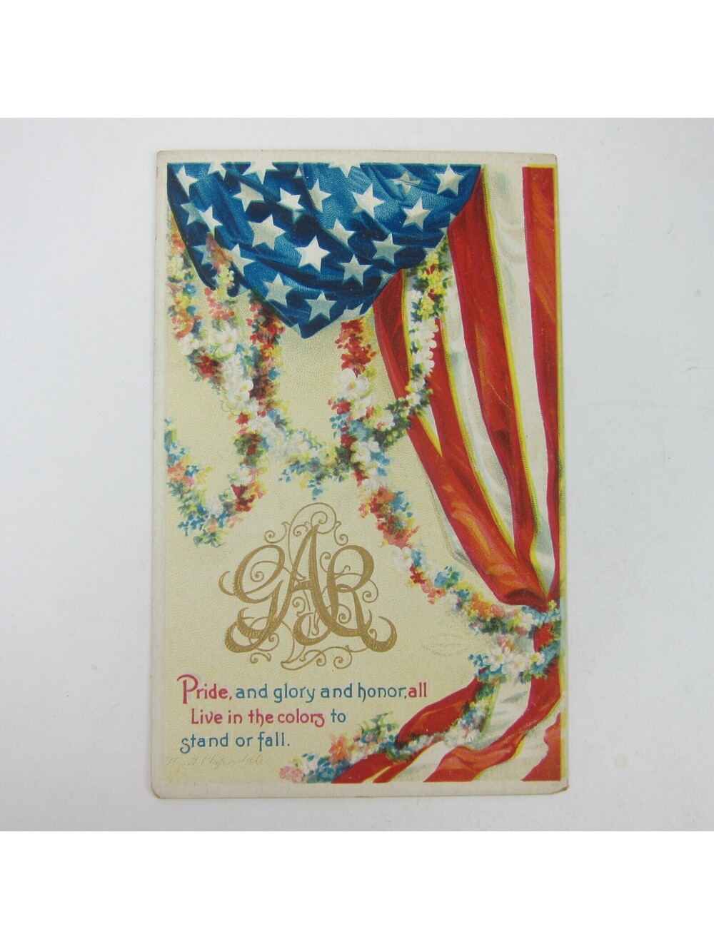 Postcard Civil War GAR American Flag & Flowers Patriotic Embossed Antique Unpost